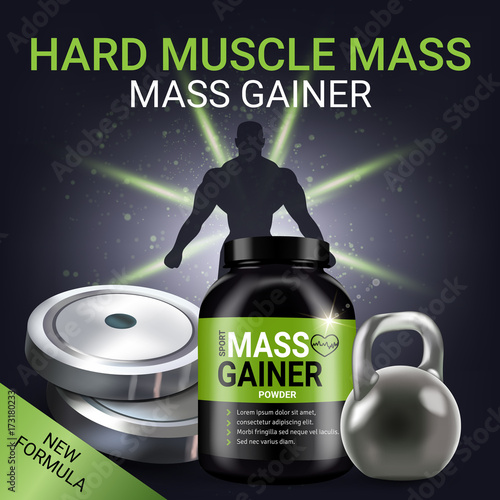 Mass gainer ads. Vector realistic illustration of cans with mass gainer powder.