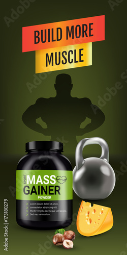 Mass gainer ads. Vector realistic illustration of cans with mass gainer powder with flavored nuts and cheese.