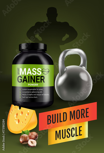 Mass gainer ads. Vector realistic illustration of cans with mass gainer powder with flavored nuts and cheese.