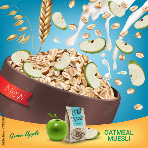Oatmeal muesli ads. Vector realistic illustration of oatmeal muesli with green apple.