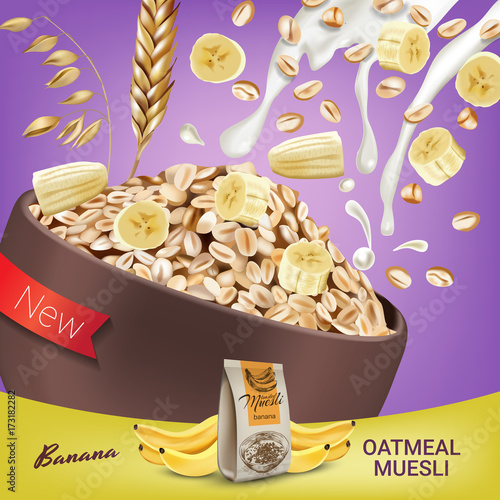 Oatmeal muesli ads. Vector realistic illustration of oatmeal muesli with banana.