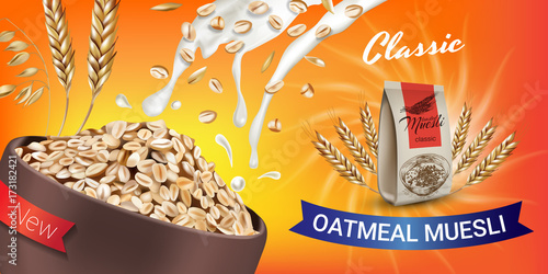 Oatmeal muesli ads. Vector realistic illustration of oatmeal muesli.