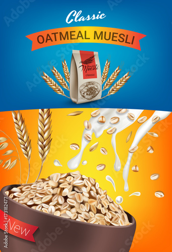 Oatmeal muesli ads. Vector realistic illustration of oatmeal muesli.