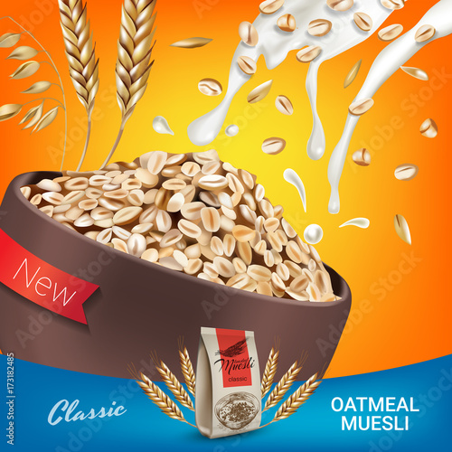 Oatmeal muesli ads. Vector realistic illustration of oatmeal muesli.