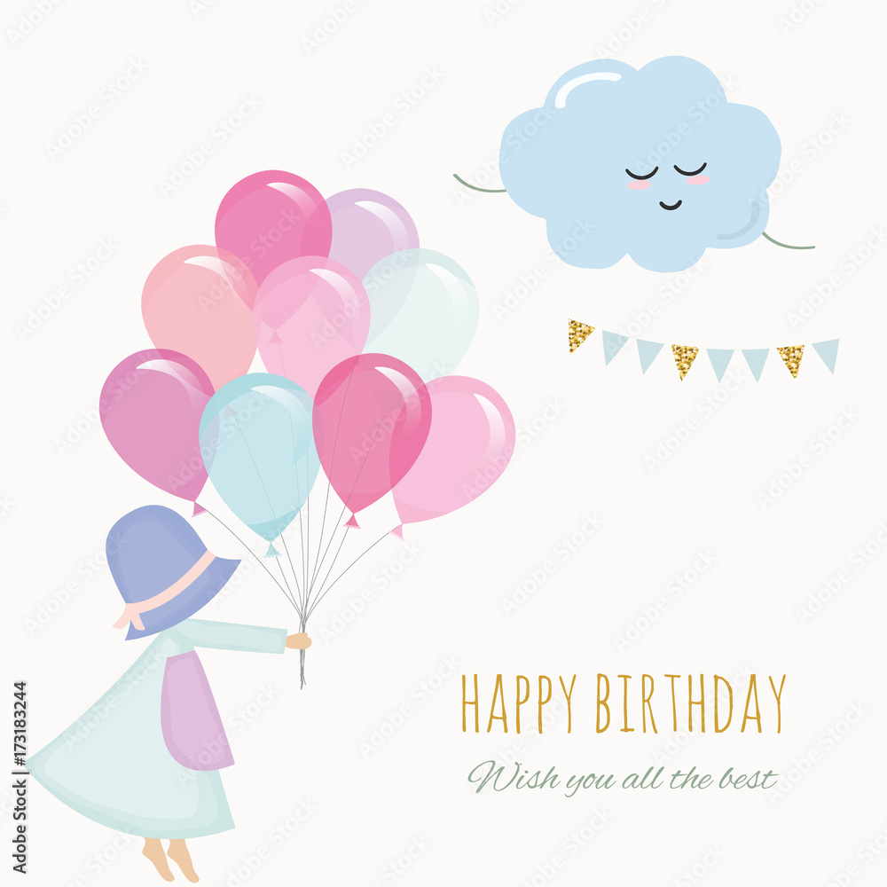 Little girl holding balloons. Birthday greeting card template. Little girl holding balloons. Birthday greeting card template.