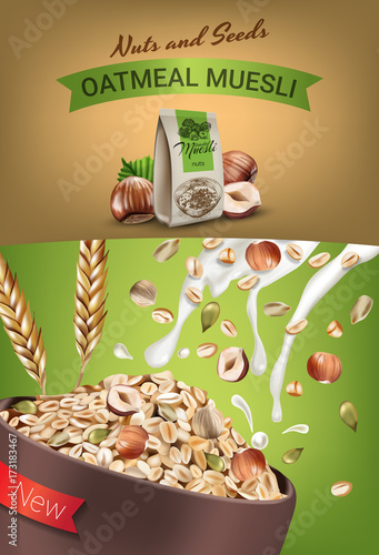 Oatmeal muesli ads. Vector realistic illustration of oatmeal muesli with nuts and seeds.