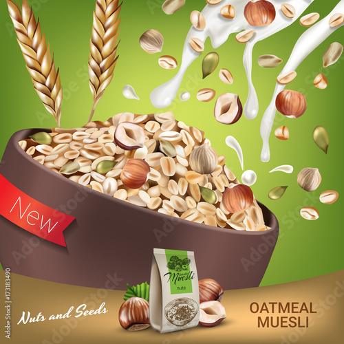 Oatmeal muesli ads. Vector realistic illustration of oatmeal muesli with nuts and seeds.
