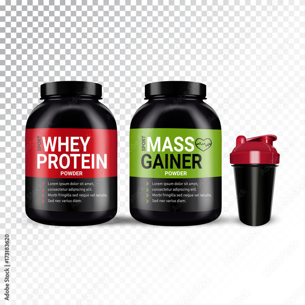 Vector realistic illustration of shaker and cans with various types of sports nutrition. Vector realistic illustration of shaker and cans with various types of sports nutrition.