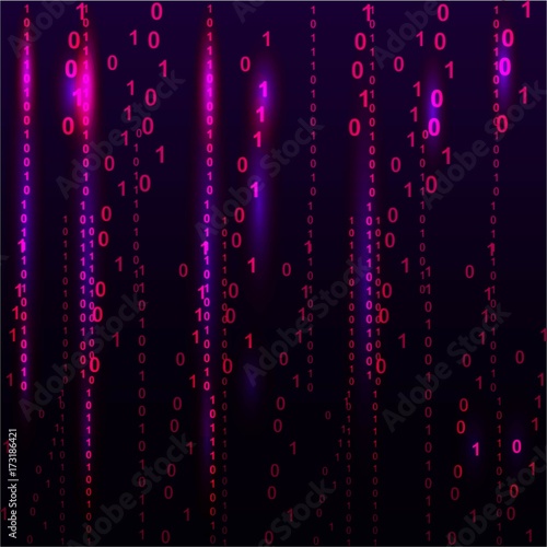 Abstract violet matrix background with columns of numbers, glow. Vector illustration