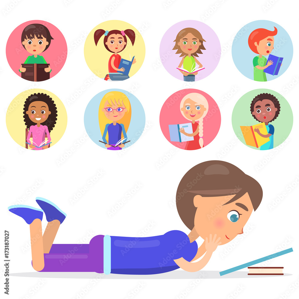 Brunette Boy Lying and Reading Book, Smart Kids Brunette Boy Lying and Reading Book, Smart Kids