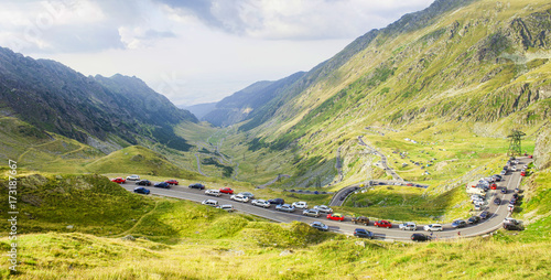 Transfagarasan mountain road in Romania, heavy car traffic