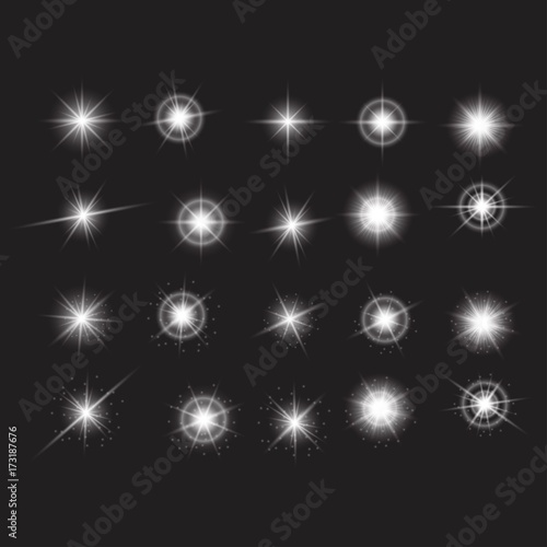 Vector Set of Different White Lights. Different Stars Collection. Star Lights photo