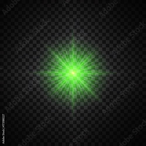 Vector green glowing lights on transparent background. Special effect light rays. Spark, star burst, flash. Spotlight flare. Illumination.