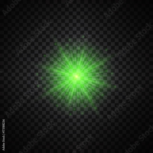 Vector green glowing lights on transparent background. Special effect light rays. Spark, star burst, flash. Spotlight flare. Illumination.