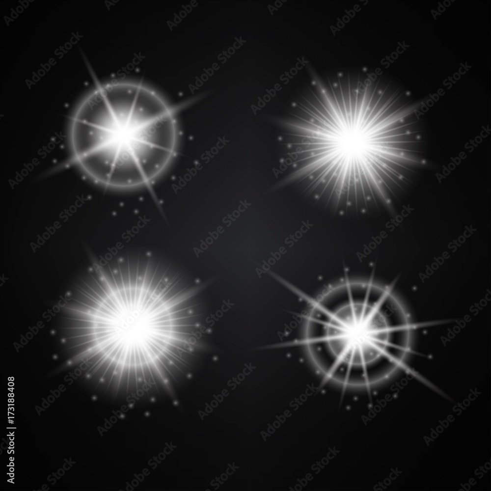 Fototapeta premium Vector Set of Different White Lights. Different Stars Collection. Star Lights