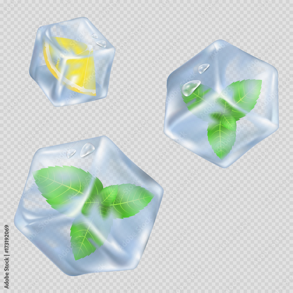 Fototapeta premium Ice Cubes with Mint Leaves and Lemon Illustration