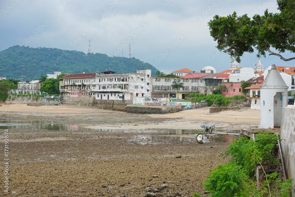 Sea shore at low tide near the Plaza de Francia in the Casco Viejo, the historic district of Panama City, Panama, Central America