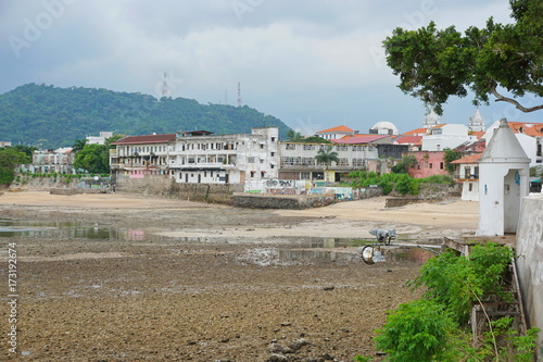 Sea shore at low tide near the Plaza de Francia in the Casco Viejo, the historic district of Panama City, Panama, Central America