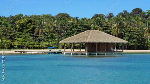 Tropical shore with lush vegetation and a platform with a thatched roof over the sea, Caribbean, Central America, Panama