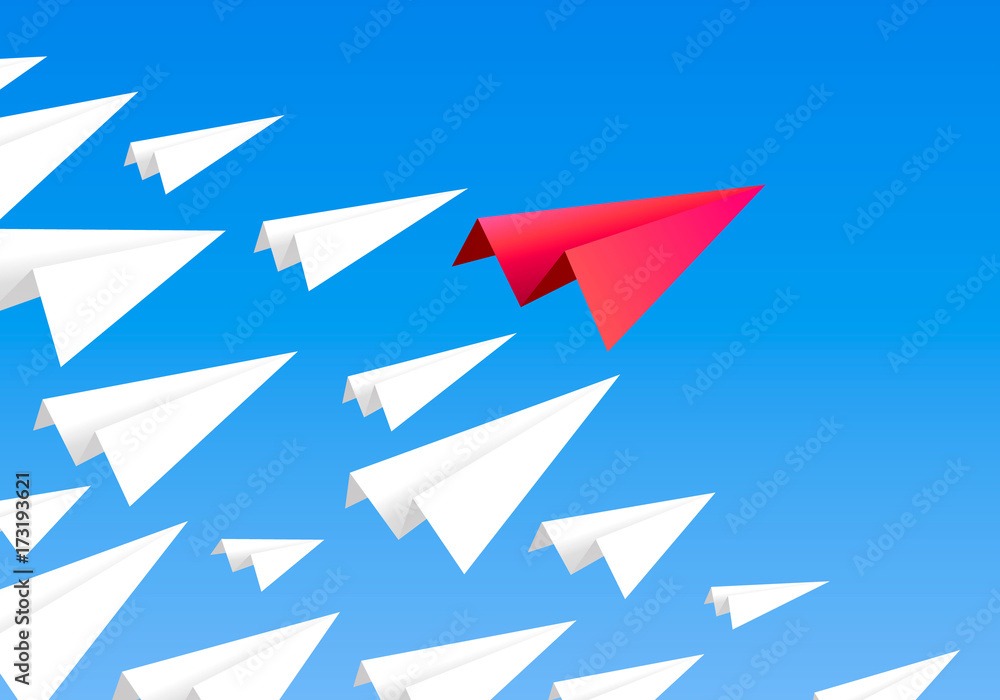 Red paper airplane as a leader among white airplanes. Leadership, teamwork, motivation concept. Vector illustration Red paper airplane as a leader among white airplanes. Leadership, teamwork, motivation concept. Vector illustration