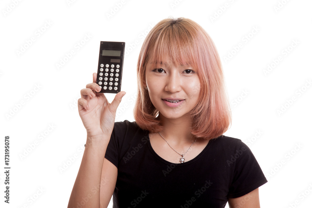 Asian woman smile with calculator. Asian woman smile with calculator.