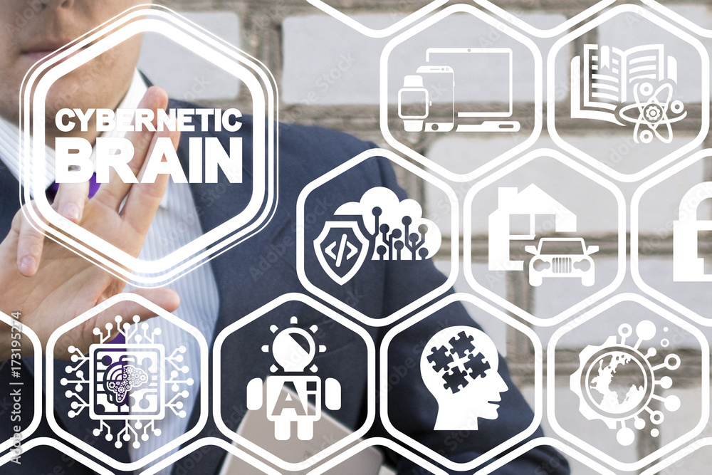 Fototapeta premium Cybernetic Information Technology concept. Businessman presses cybernetic brain text button on a virtual screen.