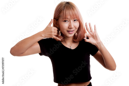Wallpaper Mural Young Asian woman show with phone gesture and OK sign. Torontodigital.ca