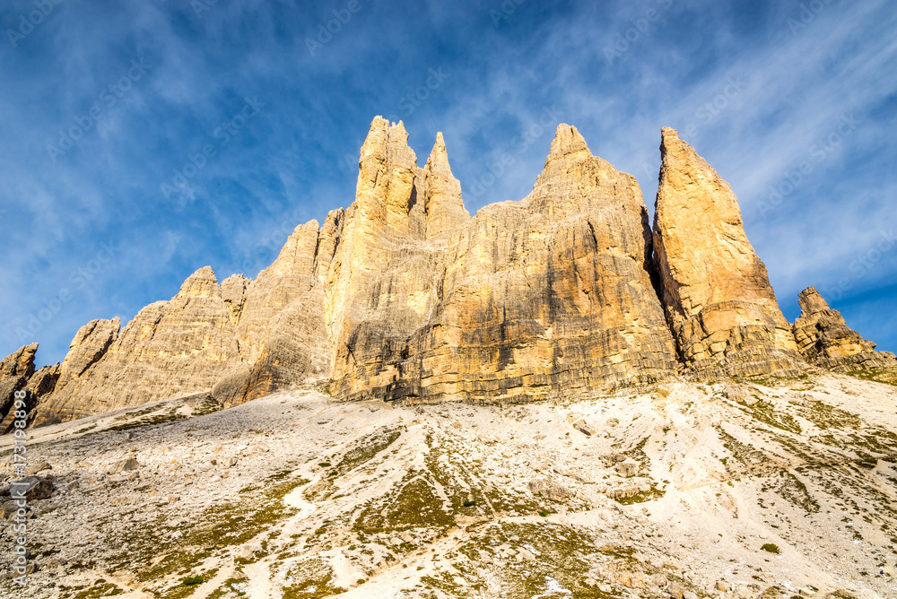View at the south side of Tre Cime di Lavaredo in Dolomites, Italy
