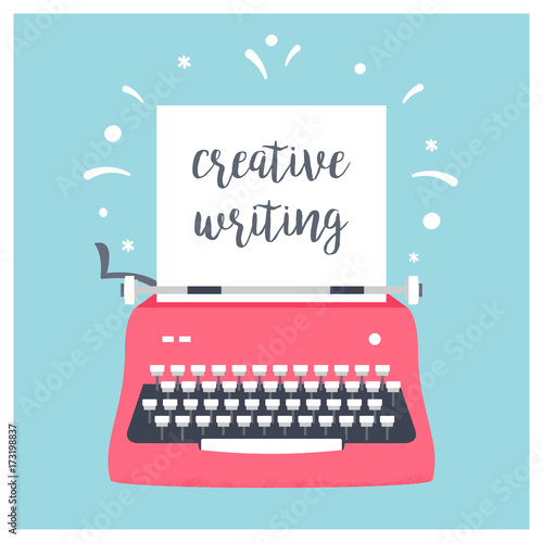 Retro Styled Typewriter with Sheet of Paper and Creative Writing Sign. Vector Design