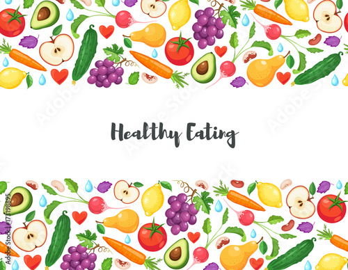 Healthy lifestyle poster with fresh fruits and vegetables on blackboard. Horizontal composition from food.