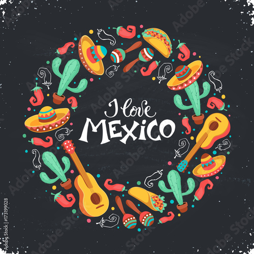 I love Mexico poster  in circle shape. Mexican culture attributes collection. Guitar  sombrero  maracas  cactus and jalapeno isolated on light background. Mexico greeting card.