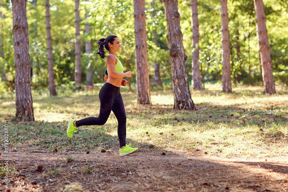 Sports girl brunette runs through the forest. Jogging in nature. Sports girl brunette runs through the forest. Jogging in nature.