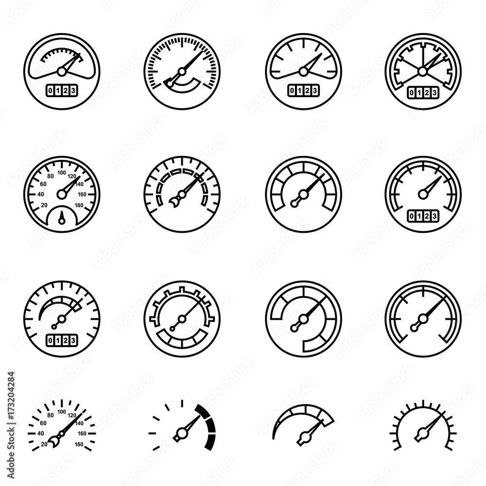 Meter icon set in thin line style. Symbols of speedometers, manometers