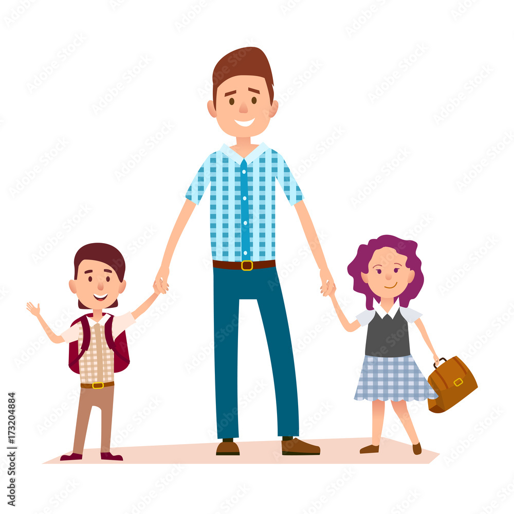 Father Stands and Holds Daughter's and Son's Hands Father Stands and Holds Daughter's and Son's Hands