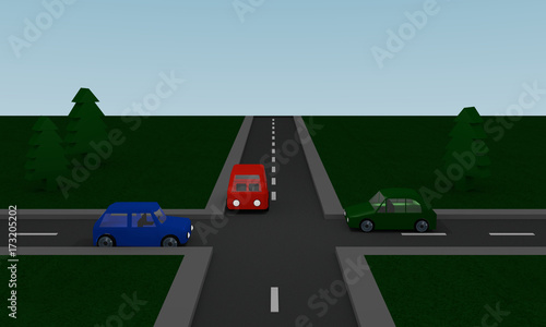 Kreuzung mit roten, grünen und blauen Auto