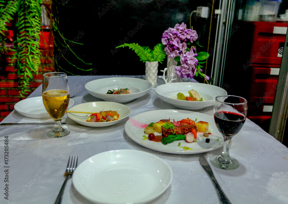 Assorted modern thai food set, top view 