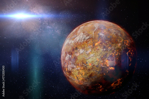alien lava planet lit by a bright and hot star