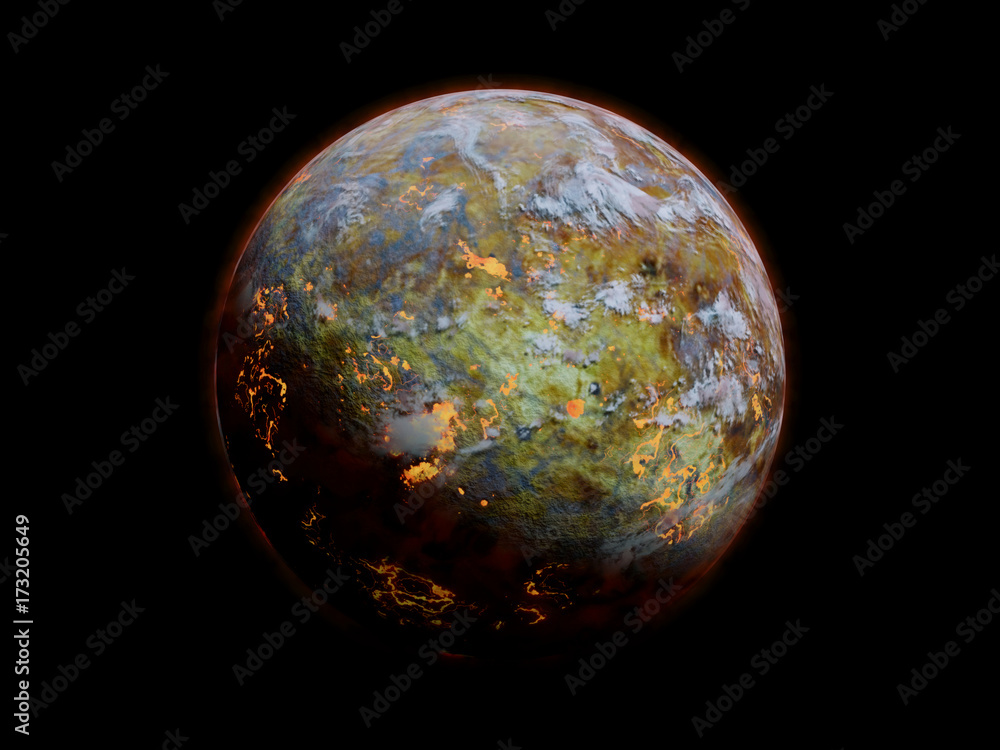 Fototapeta premium alien planet with intense volcanic activities, isolated on black background