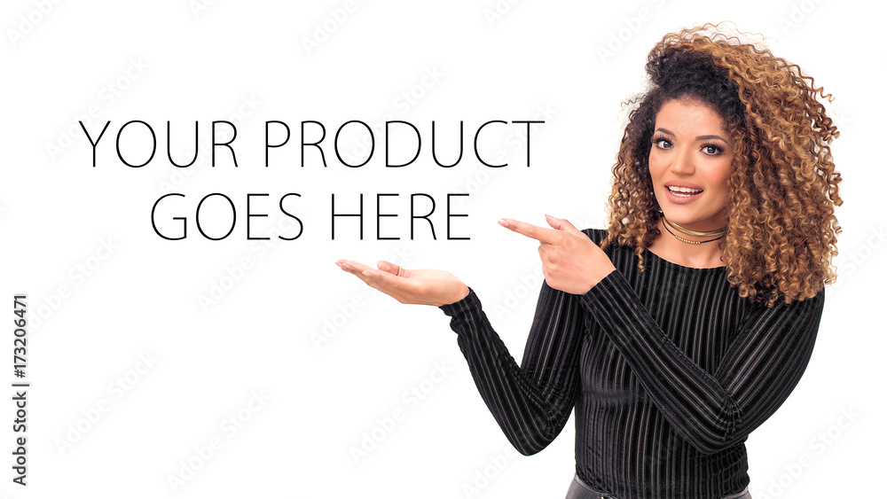 Beautiful woman portrait with curly hair holding and showing something - Card Beautiful woman portrait with curly hair holding and showing something - Card