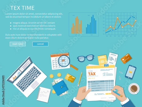 Tax payment concept. State Government taxation, calculation of tax, return. Unfilled blank tax form in hand, calendar, magnifier, calculator, coins, glasses, documents, laptop, charts and graphics. 