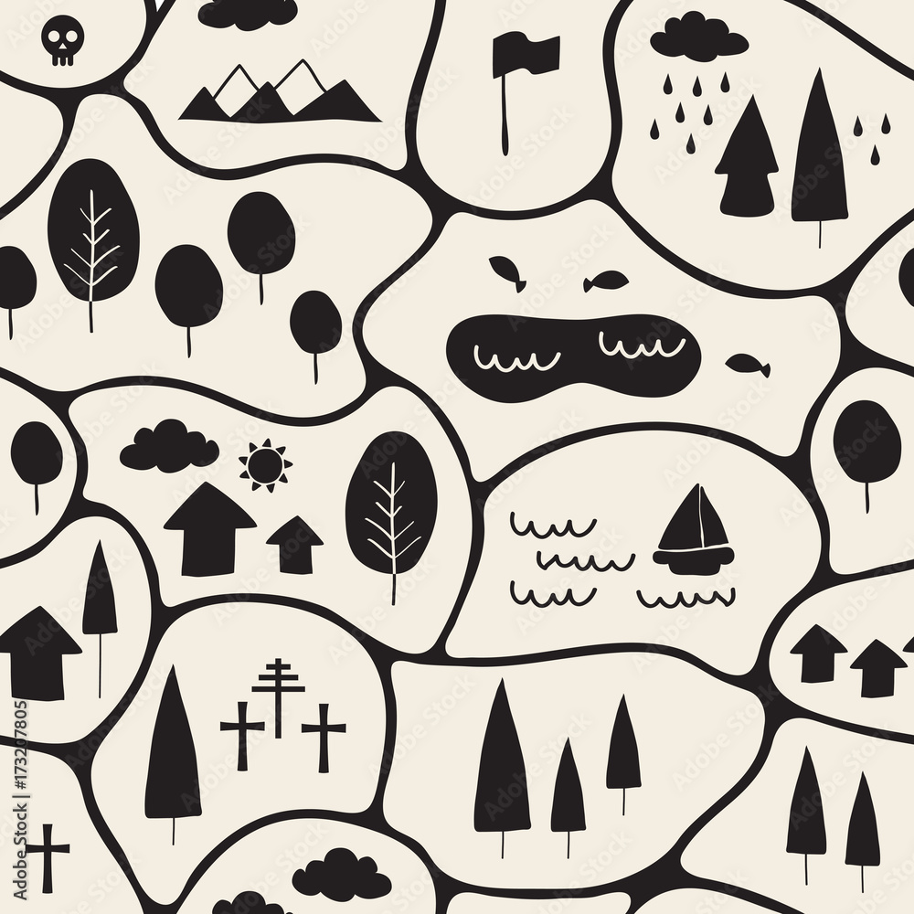 seamless abstarct monochrome hand drawn village map pattern background