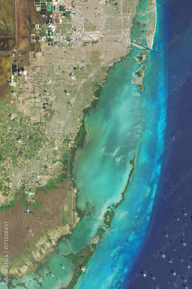 Biscayne National Park and its coral reefs seen from space in February 2016 - Elements of this image furnished by NASA