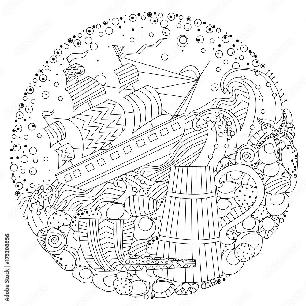abstract mandala with sea elements for coloring book
