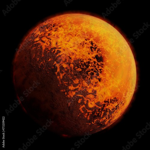 Fototapeta Naklejka Na Ścianę i Meble -  tidally locked exoplanet with a molten and a rocky side, isolated on black background