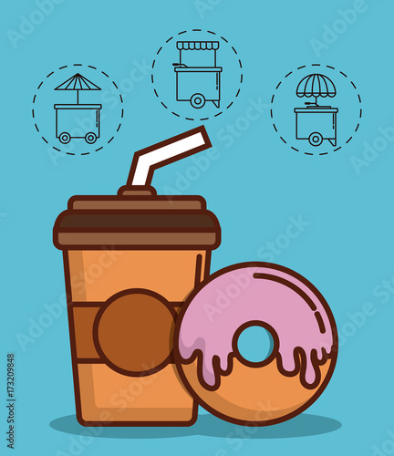 coffee drink and donut icon with food trucks icons around over blue background colorful design vector illustration