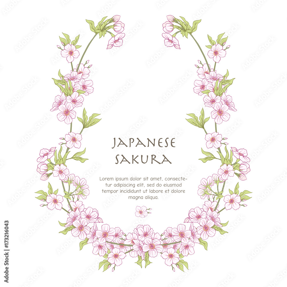 Illustrations with Japanese blossom pink sakura and with place f Illustrations with Japanese blossom pink sakura and with place f