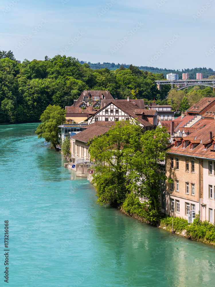 Medieval houses lining the banks of the Aare river in Bern, Switzerland