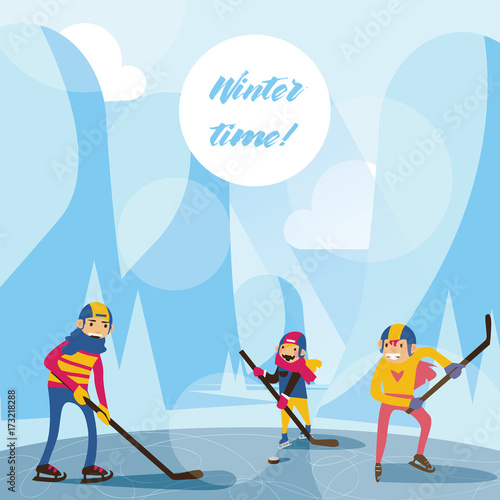 Winter scene with happy family in mountains on lake playing hockey. Vector illustration in blue drawn in flat style