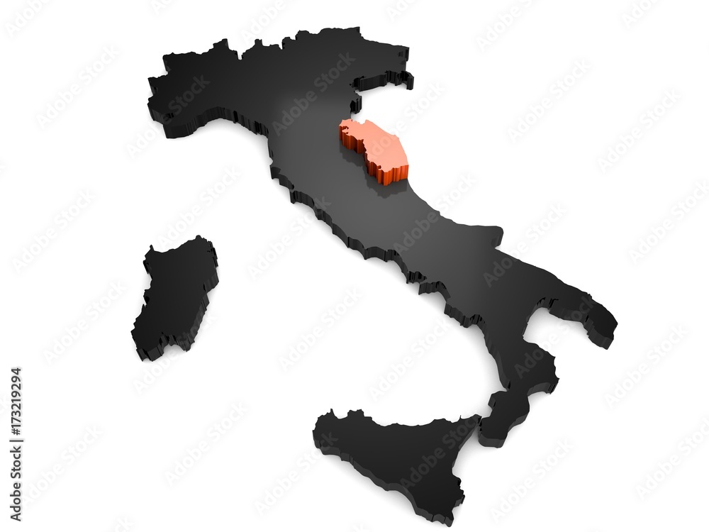 Obraz premium Italy 3d black and orange map, with Marche region highlighted. 3d render