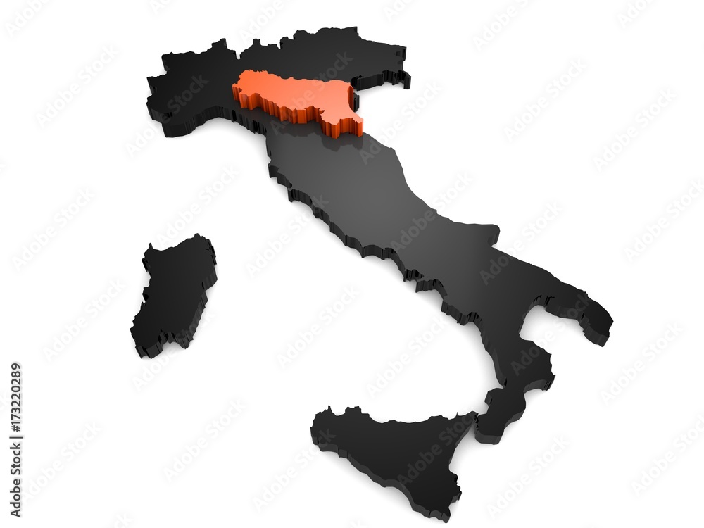 Italy 3d black and orange map, with Emilia,romagna region highlighted 3d render